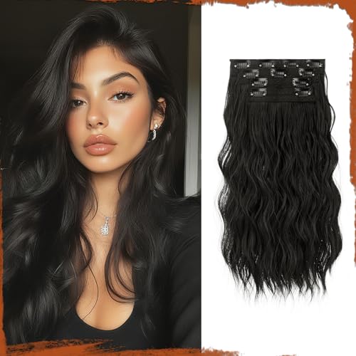Sofeiyan Clip in Extensions, 4PCS 40 cm Haarverlängerung für Damen, Lockige Dicke Synthetische Haarextensions zum Einklippen Natürliches Weiches Clip in Haarteil – Natur Schwarz von Sofeiyan