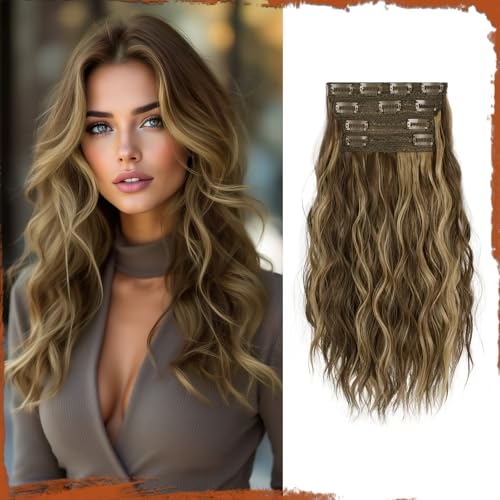 Sofeiyan Clip in Extensions, 4PCS 40 cm Haarverlängerung für Damen, Lockige Dicke Synthetische Haarextensions zum Einklippen Natürliches Weiches Clip in Haarteil – Honigblond mit Hellbraun von Sofeiyan