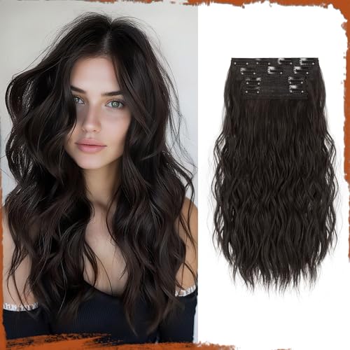Sofeiyan Clip in Extensions, 4PCS 40 cm Haarverlängerung für Damen, Lockige Dicke Synthetische Haarextensions zum Einklippen Natürliches Weiches Clip in Haarteil – Dunkelbraun von Sofeiyan