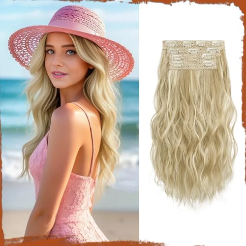 Sofeiyan Clip in Extensions, 4PCS 40 cm Haarverlängerung für Damen, Lockige Dicke Synthetische Haarextensions zum Einklippen Natürliches Weiches Clip in Haarteil – Dunkles Goldblond mit Beigeblond von Sofeiyan
