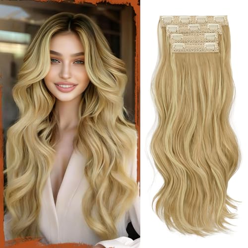 Sofeiyan Clip in Extensions, 4PCS 50 cm Lange Gewellte Haarverlängerungen für Frauen Natürlich Wellig Aschdunkelblond & Hellblond Weiche Synthetische Clip in Haarteile für Tägliche Party von Sofeiyan