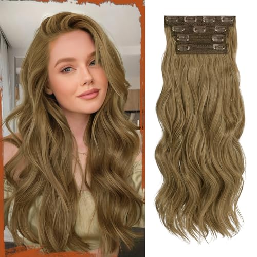 Sofeiyan Clip in Extensions, 4PCS 50 cm Lange Gewellte Haarverlängerungen für Frauen Natürlich Wellig Grünbraun Weiche Synthetische Clip in Haarteile für Tägliche Party von Sofeiyan