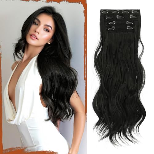 Sofeiyan Clip in Extensions, 4PCS 50 cm Lange Gewellte Haarverlängerungen für Frauen Natürlich Wellig Schwarz Weiche Synthetische Clip in Haarteile für Tägliche Party von Sofeiyan