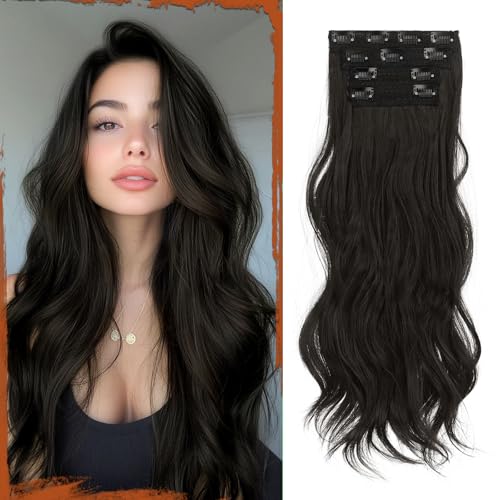 Sofeiyan Clip in Extensions, 4PCS 50 cm Lange Gewellte Haarverlängerungen für Frauen Natürlich Wellig Naturschwarz Weiche Synthetische Clip in Haarteile für Tägliche Party von Sofeiyan