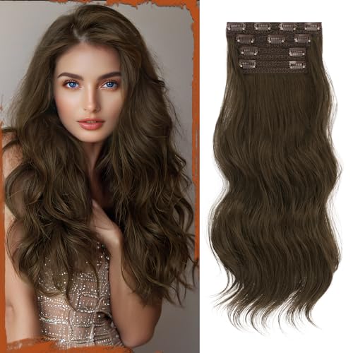 Sofeiyan Clip in Extensions, 4PCS 50 cm Lange Gewellte Haarverlängerungen für Frauen Natürlich Wellig Kastanienbraun Weiche Synthetische Clip in Haarteile für Tägliche Party von Sofeiyan