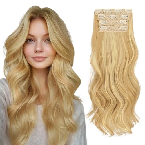 Sofeiyan Clip in Extensions, 4PCS 50 cm Lange Gewellte Haarverlängerungen für Frauen Natürlich Wellig Goldblond & Beigeblond Weiche Synthetische Clip in Haarteile für Tägliche Party von Sofeiyan