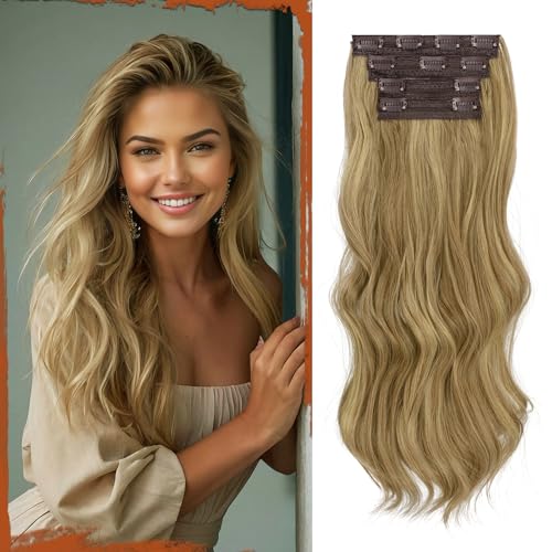Sofeiyan Clip in Extensions, 4PCS 50 cm Lange Gewellte Haarverlängerungen für Frauen Natürlich Wellig Hellbraun & Aschblond Weiche Synthetische Clip in Haarteile für Tägliche Party von Sofeiyan