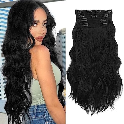 Sofeiyan Clip-in Extensions - 4 Stück Lange Gewellte Synthetische Haarverlängerung, Natürliche Faser, Weich, Spitze Schuss, 50cm Schwarz für Frauen von Sofeiyan