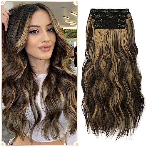 Sofeiyan Clip in Extensions 4PCS Haarteile lange gewellte synthetische Haarverlängerung natürliche Clip in Faser Haarteil Weich Spitze Schuss Haar Extensions Clip in Haarteil für Frauen, 50cm von Sofeiyan