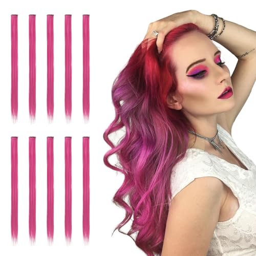 Sofeiyan Farbige Haarverlängerung Party Highlights 56 cm Bunte Glatte Haarverlängerungen 10 Pcs Lange Haarteile Mehrfarbig Clip in Haarschmuck für Frauen Party Kostümen, Emaille Rot von Sofeiyan
