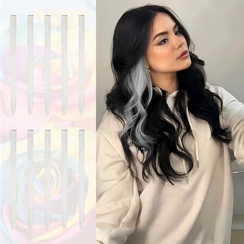 Sofeiyan Farbige Haarverlängerung Party Highlights 56 cm Bunte Glatte Haarverlängerungen 10 Pcs Lange Haarteile Mehrfarbig Clip in Haarschmuck für Frauen Party Kostümen, Silbergrau von Sofeiyan