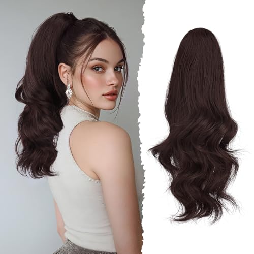 Sofeiyan Lange Gewellt Pferdeschwanz mit Klammer, Dual-Use-Design Ponytail Extension, 41 cm Synthetik Claw Clip in Haarverlängerung Zopf für Frauen, Dunkelbraun & Rotbraun von Sofeiyan