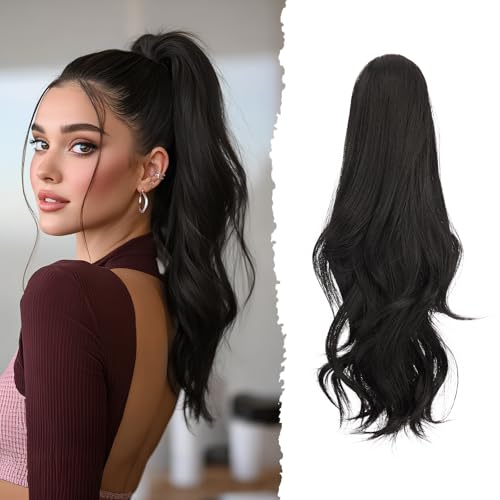 Sofeiyan Lange Gewellt Pferdeschwanz mit Klammer, Dual-Use-Design Ponytail Extension, 41 cm Synthetik Claw Clip in Haarverlängerung Zopf für Frauen, Schwarz Braun von Sofeiyan
