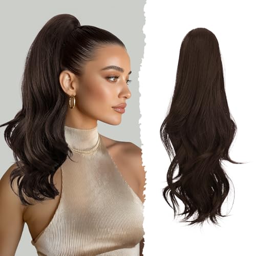 Sofeiyan Lange Gewellt Pferdeschwanz mit Klammer, Dual-Use-Design Ponytail Extension, 41 cm Synthetik Claw Clip in Haarverlängerung Zopf für Frauen, Dunkelbraun von Sofeiyan