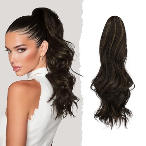 Sofeiyan Lange Gewellt Pferdeschwanz mit Klammer, Dual-Use-Design Ponytail Extension, 41 cm Synthetik Claw Clip in Haarverlängerung Zopf für Frauen, Dunkelbraun mit Strohblonden Strähnchen von Sofeiyan