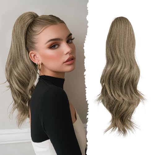 Sofeiyan Lange Gewellt Pferdeschwanz mit Klammer, Dual-Use-Design Ponytail Extension, 41 cm Synthetik Claw Clip in Haarverlängerung Zopf für Frauen, Aschebraun & Goldblond von Sofeiyan