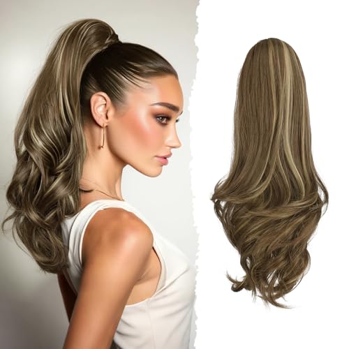 Sofeiyan Lange Gewellt Pferdeschwanz mit Klammer, Dual-Use-Design Ponytail Extension, 41 cm Synthetik Claw Clip in Haarverlängerung Zopf für Frauen, Hellbraun mit Aschblonden Strähnchen von Sofeiyan