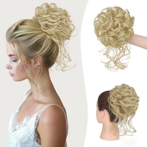 Sofeiyan Haarteil mit Gummiband Gelockt Dutt Haarteil Mit Haaren Hochsteckfrisuren Synthetisch Messy Bun Haar Tousled Updo Haarteile für Damen, Helle Aschblond von Sofeiyan