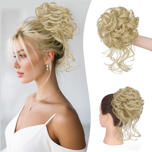 Sofeiyan Haarteil mit Gummiband Gelockt Dutt Haarteil mit Haaren Hochsteckfrisuren Synthetisch Messy Bun Haar Tousled Updo Haarteile für Frauen,Helle Aschblond von Sofeiyan