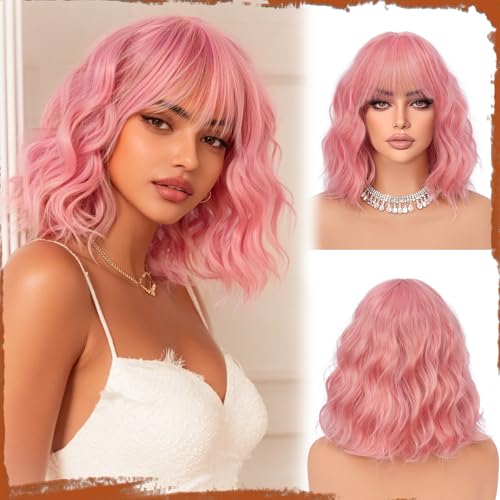 Sofeiyan Kurze Gewellte Bob Perücke mit Pony Damen 30 cm Zuckerwatte-Traum Synthetische Perücke für Frauen Natürliche Lockige Perücke für Cosplay Alltag Party Halloween von Sofeiyan