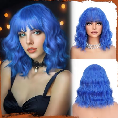 Sofeiyan Kurze Gewellte Bob Perücke mit Pony Damen 30 cm Hexenwelle Blau Synthetische Perücke für Frauen Natürliche Lockige Perücke für Cosplay Alltag Party Halloween von Sofeiyan