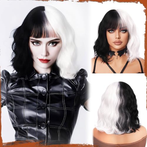 Sofeiyan Kurze Gewellte Bob Perücke mit Pony Damen 30 cm Cruella Charm Synthetische Perücke für Frauen Natürliche Lockige Perücke für Cosplay Alltag Party Halloween von Sofeiyan