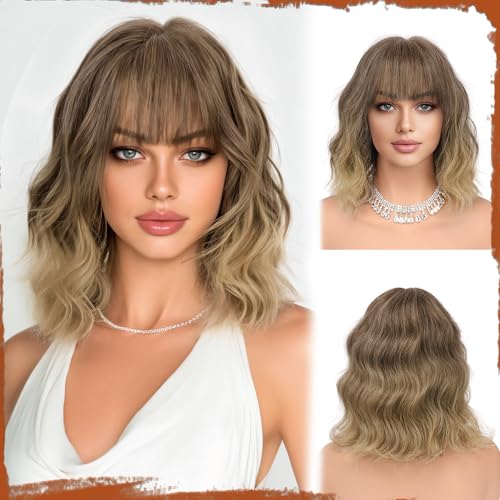 Sofeiyan Kurze Gewellte Bob Perücke mit Pony Damen 30 cm Blonder Schatten Synthetische Perücke für Frauen Natürliche Lockige Perücke für Cosplay Alltag Party Halloween von Sofeiyan
