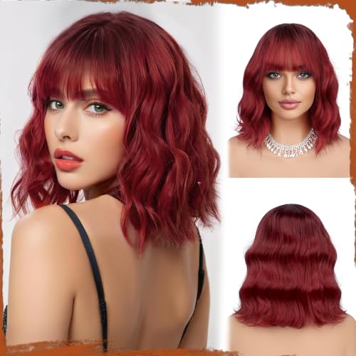 Sofeiyan Kurze Gewellte Bob Perücke mit Pony Damen 30 cm Burgunderrot Synthetische Perücke für Frauen Natürliche Lockige Perücke für Cosplay Alltag Party Halloween von Sofeiyan