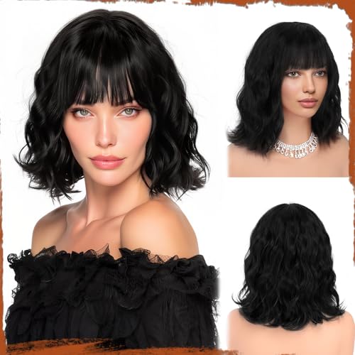 Sofeiyan Kurze Gewellte Bob Perücke mit Pony Damen 30 cm Schwarz Synthetische Perücke für Frauen Natürliche Lockige Perücke für Cosplay Alltag Party Halloween von Sofeiyan