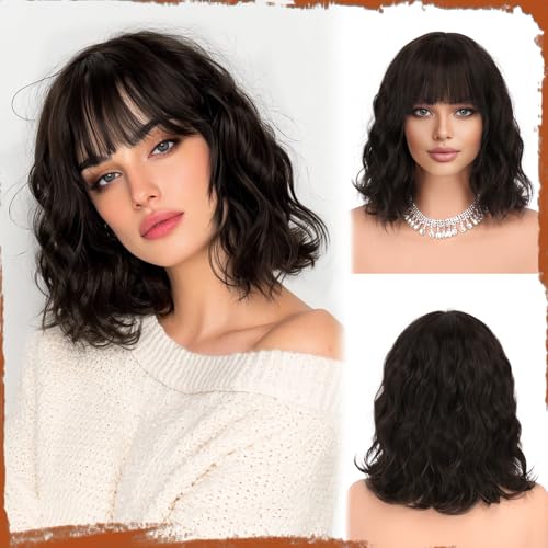 Sofeiyan Kurze Gewellte Bob Perücke mit Pony Damen 30 cm Dunkelbraun Synthetische Perücke für Frauen Natürliche Lockige Perücke für Cosplay Alltag Party Halloween von Sofeiyan