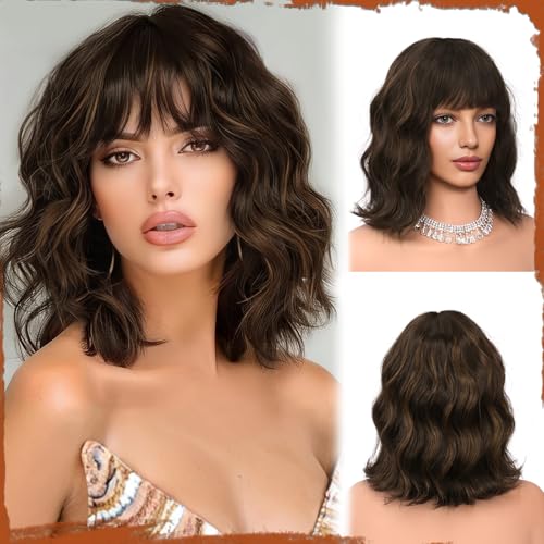 Sofeiyan Kurze Gewellte Bob Perücke mit Pony Damen 30 cm Braun mit Highlights Synthetische Perücke für Frauen Natürliche Lockige Perücke für Cosplay Alltag Party Halloween von Sofeiyan