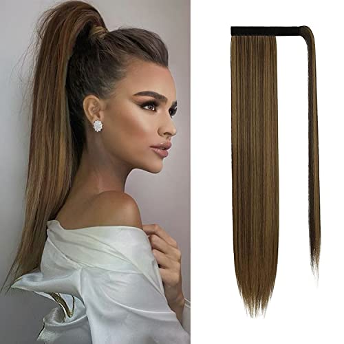Sofeiyan Lang Pferdeschwanz Haarteil Glatt Haarverlängerung Verlängerung Clip Ponytail Extensions Wrap Around Synthetisch Haarteile Wie Echthaar Natürlich für Frauen-70cm Dunkelbraun/Goldbraun Auburn von Sofeiyan