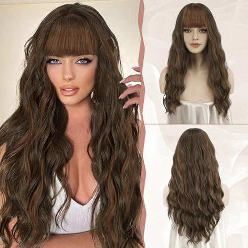 Sofeiyan 26 Zoll Lange Gewellt Haar Perücken für Frauen Ombre Braun Perücken mit Pony Natürlich Lockiges Synthetisches Haar Hitzebeständig Perücke für Party/Täglichen Gebrauch von Sofeiyan
