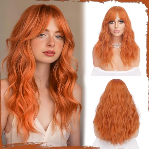 Sofeiyan Lange Gewellt Perücke Damen mit Pony, 50 cm Kupfer Synthetische Haare für Frauen, Natürlich Krullend Wig Geschikt Tägliche Party, Halloween en Cosplay von Sofeiyan