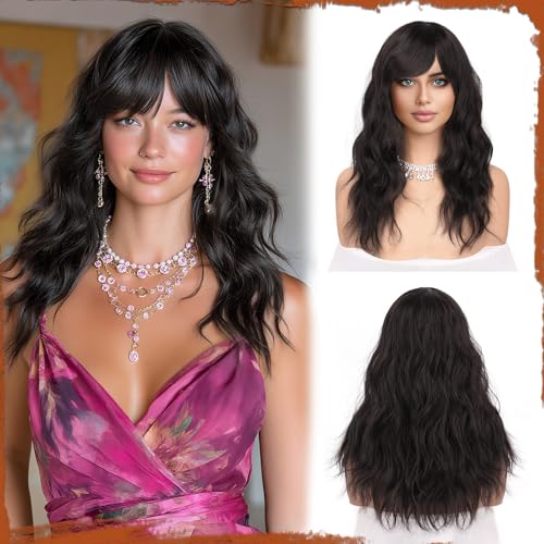 Sofeiyan Lange Gewellt Perücke Damen mit Pony, 50 cm Dunkelbraun Synthetische Haare für Frauen, Natürlich Krullend Wig Geschikt Tägliche Party, Halloween en Cosplay von Sofeiyan