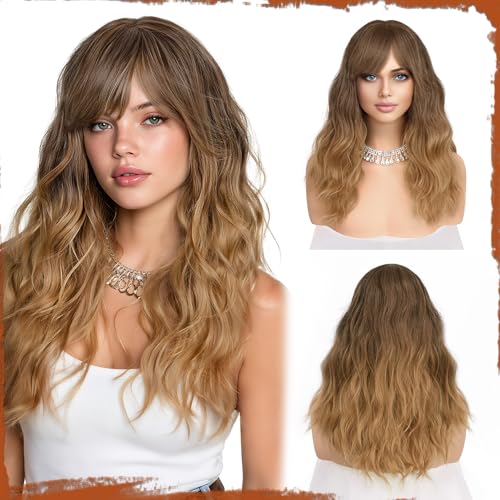 Sofeiyan Lange Gewellt Perücke Damen mit Pony, 50 cm Braun bis Goldblond Ombré Synthetische Haare für Frauen, Natürlich Krullend Wig Geschikt Tägliche Party, Halloween en Cosplay von Sofeiyan