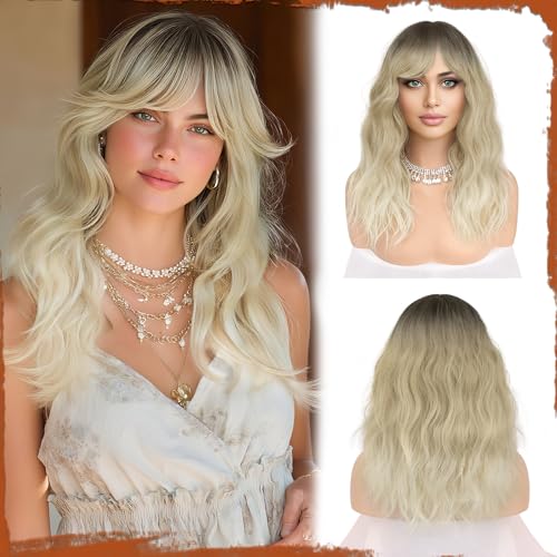 Sofeiyan Lange Gewellt Perücke Damen mit Pony, 50 cm Ascheblond bis Platinblond Synthetische Haare für Frauen, Natürlich Krullend Wig Geschikt Tägliche Party, Halloween en Cosplay von Sofeiyan