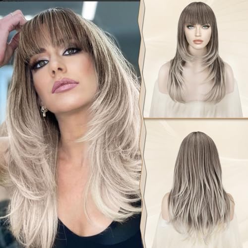 Sofeiyan Perücke mit Bangs für Frauen Blond Lang Geschichtige Perücken mit Pony Synthetisches Hitzebeständige NatÜRlich Wllig Faser Haar Lange Gerade Perücken mit Fransen für Halloween Party-60cm von Sofeiyan