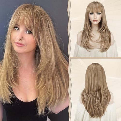 Sofeiyan Perücke mit Bangs für Frauen Blond Lang Geschichtige Perücken mit Pony Synthetisches Hitzebeständige NatÜRlich Wllig Faser Haar Lange Gerade Perücken mit Fransen für Halloween Party-60cm von Sofeiyan