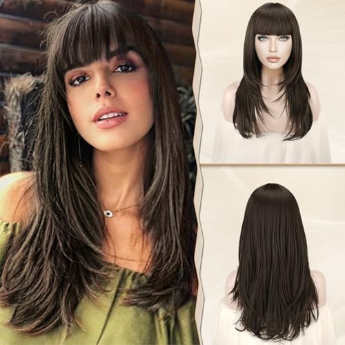 Sofeiyan Perücke mit Bangs für Frauen Braun Lang Geschichtige Perücken mit Pony Synthetisches Hitzebeständige NatÜRlich Wllig Faser Haar Lange Gerade Perücken mit Fransen für Halloween Party-60cm von Sofeiyan