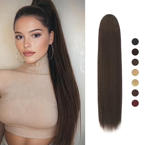 Sofeiyan Pferdeschwanz Haarteil Haarverlängerung mit Kordelzug 60cm Langer Gerade Zopf Pferdeschwanz Natürlicher Weicher Haarverlängerung Synthetische Ponytail Extension für Frauen, Mittelbraun von Sofeiyan