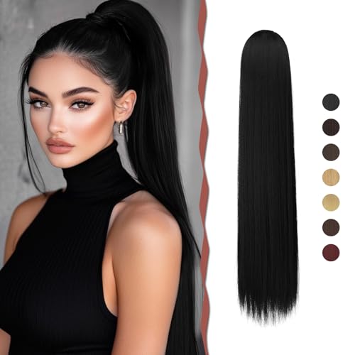 Sofeiyan Pferdeschwanz Haarteil Haarverlängerung mit Kordelzug 60cm Langer Gerade Zopf Pferdeschwanz Natürlicher Weicher Haarverlängerung Synthetische Ponytail Extension für Frauen, Schwarz von Sofeiyan