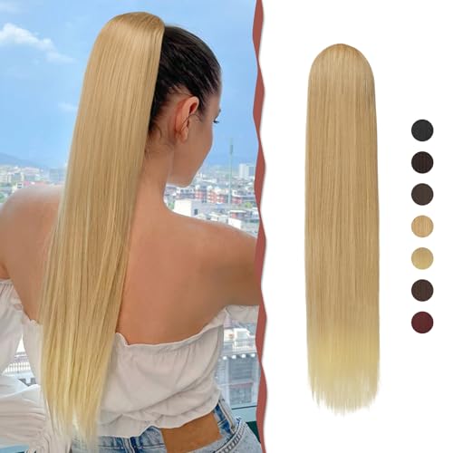 Sofeiyan Pferdeschwanz Haarteil Haarverlängerung mit Kordelzug 60cm Langer Gerade Zopf Pferdeschwanz Natürlicher Weicher Haarverlängerung Synthetische Ponytail Extension Frauen,Blond bis Cremig Blond von Sofeiyan