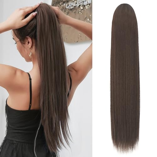 Sofeiyan Pferdeschwanz Haarteil Haarverlängerung mit Kordelzug 70cm Langer Gerade Zopf Pferdeschwanz Natürlicher Weicher Haarverlängerung Synthetische Ponytail Extension für Frauen, Mittelbraun von Sofeiyan