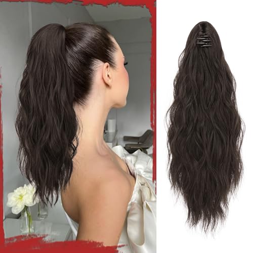 Sofeiyan Pferdeschwanz Haarteil mit Klammer, Lange Wellig Lockig Pferdeschwanz Zopf Extensions Synthetik Claw Clip in Haarteil Ponytail für Damen 41cm, Dunkelbraun von Sofeiyan
