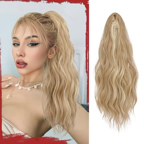 Sofeiyan Pferdeschwanz Haarteil mit Klammer, Lange Wellig Lockig Pferdeschwanz Zopf Extensions Synthetik Claw Clip in Haarteil Ponytail für Damen 41 cm Aschblond Gemischtes Bleichblond von Sofeiyan