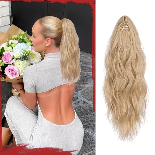 Sofeiyan Pferdeschwanz Haarteil mit Klammer, Lange Wellig Lockig Pferdeschwanz Zopf Extensions Synthetik Claw Clip in Haarteil Ponytail für Damen 41cm, Aschblond von Sofeiyan