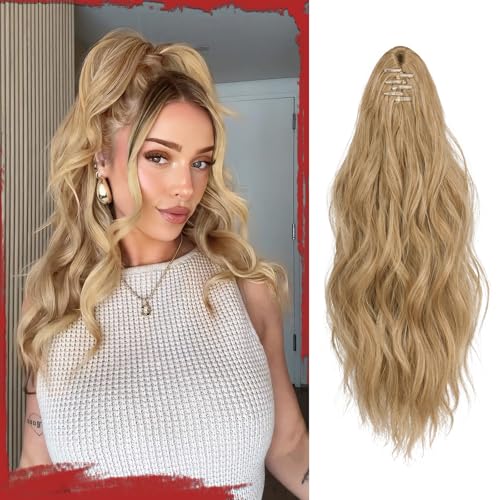 Sofeiyan Pferdeschwanz Haarteil mit Klammer, Lange Wellig Lockig Pferdeschwanz Zopf Extensions Synthetik Claw Clip in Haarteil Ponytail für Damen 41cm, Blond mit Blassgoldenen Highlights von Sofeiyan