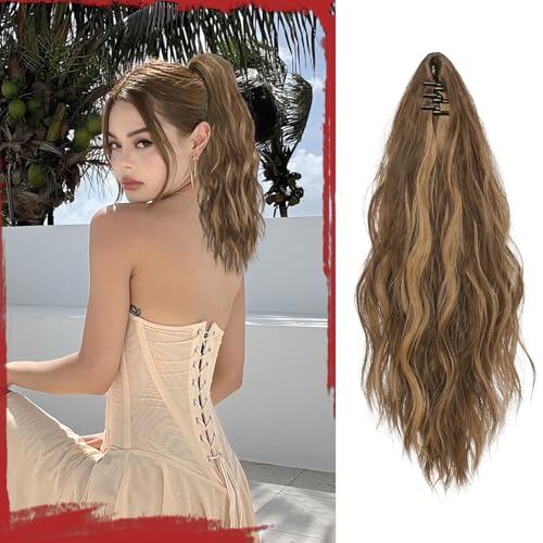Sofeiyan Pferdeschwanz Haarteil mit Klammer, Lange Wellig Lockig Pferdeschwanz Zopf Extensions Synthetik Claw Clip in Haarteil Ponytail für Damen 41cm, Honigblond & Hellbraun von Sofeiyan