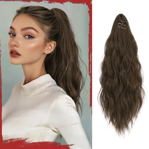 Sofeiyan Pferdeschwanz Haarteil mit Klammer, Lange Wellig Lockig Pferdeschwanz Zopf Extensions Synthetik Claw Clip in Haarteil Ponytail für Damen 41cm, Mittelbraun von Sofeiyan